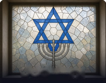 Star of David and menorah in stained glass