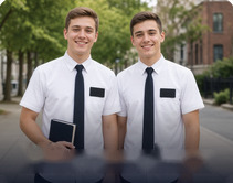 Two Mormon missionaries in white shirts and ties